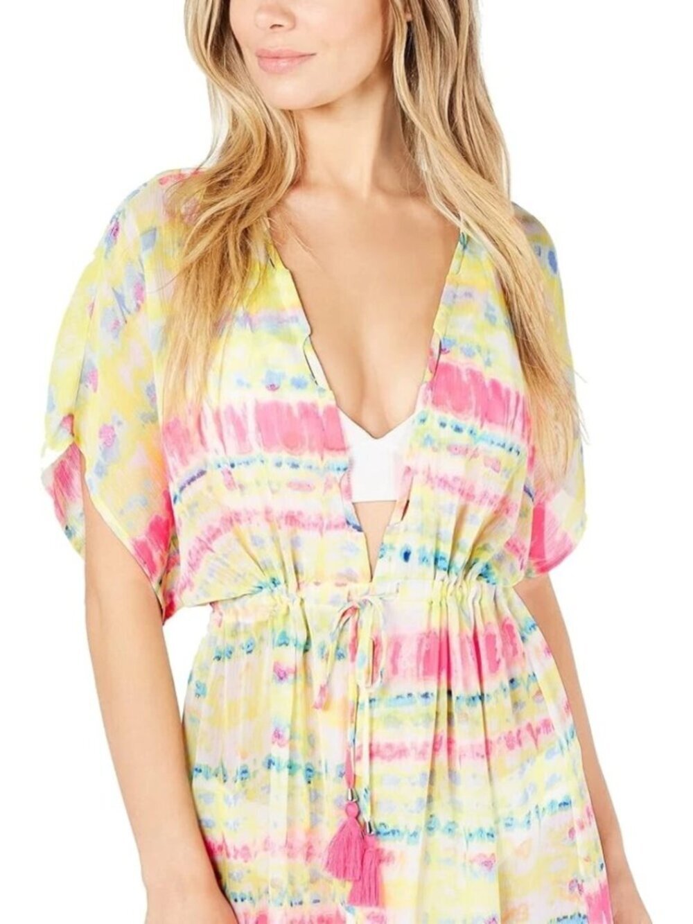 Miken Womens Multicolor Tie Dyed Kimono Swimsuit Cover Up Beachy Swim Size L NWT